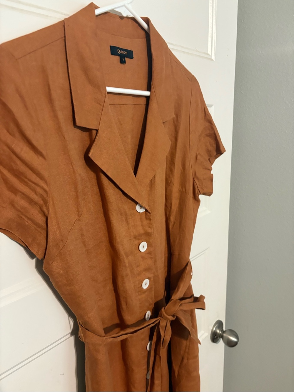 Quince Women's Short Sleeve Button-Front Linen Dress - Rust/cedar - Picture 3 of 3
